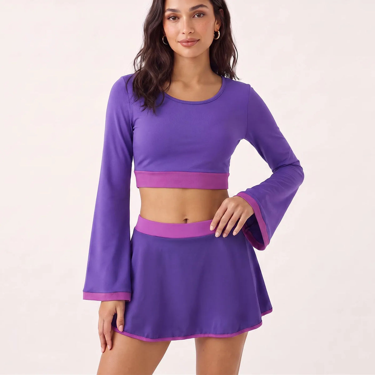 Women Purple 2 Piece Costume Set Flare Long Sleeve Crop Top And Mini Skirt Contrast Trim Halloween Cosplay Party Outfit