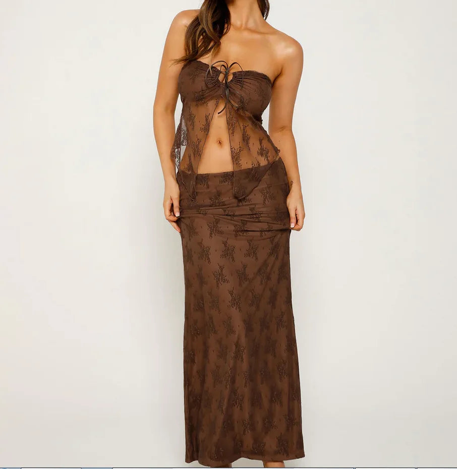 Women Sexy 2 Piece Outfits Skirt Sets Off Shoulder Strapless Sleeveless Lace See Through Tube Top Mesh Long Skirt Set
