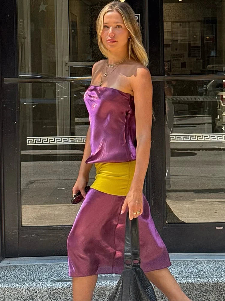 Sexy Color Blocking Dress Women Fashion Trend Bright Silk See Through Sleeveless Elegant Simple Party Street Bodycon