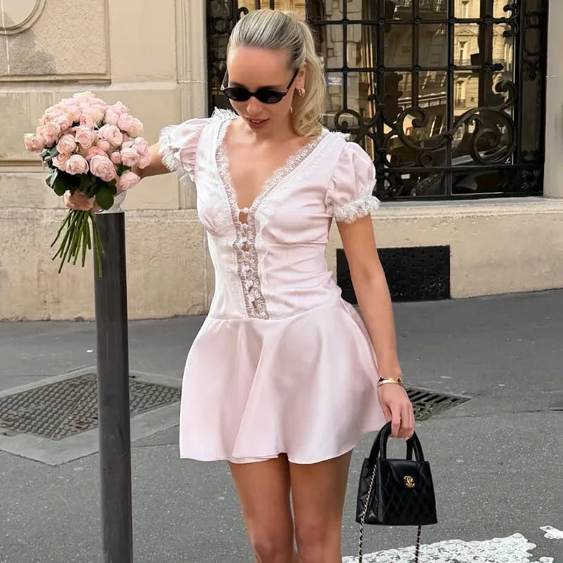 Light Pink Lace Trim Satin Summer Dresses 2026 V Neck Bubble Sleeve Mini Dress Woman Clothing