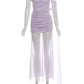 See Through Hem Maxi Dress Women Inclined Shoulder Folds Long Tassel Sleeveless Elegant Vacation Party Chic Vestidos