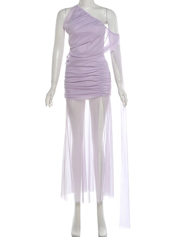 See Through Hem Maxi Dress Women Inclined Shoulder Folds Long Tassel Sleeveless Elegant Vacation Party Chic Vestidos