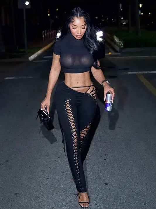 Sexy 2piece Set Women Hipster Halter Camisole+Shirring Hollow Pants Midnight Matching Stretch Clubwear Skinny Outfits