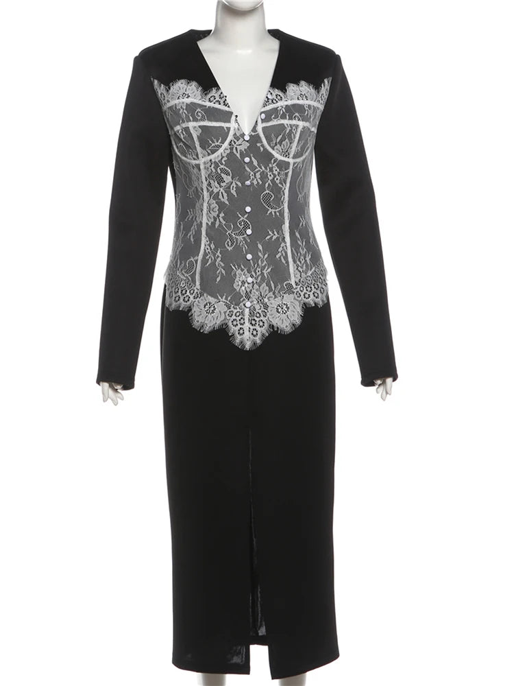 Elegant Lace Patchwork Maxi Dresses Woman Luxury V-Neck Full Sleeve High Splits Hem Midnight Prom Party Hipster Vestidos