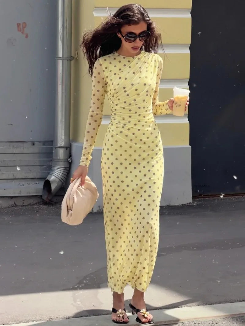 Polka Dot Yellow Mesh Long Sleeve Maxi Dress Autumn 2026 Classy Dresses for Woman Elegant