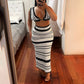 Chic Women 2Pcs Knit Skirt Outfits Stripe Print Crop Tank Tops with High Waist Slim Long Skirt Set Beach Holiday Clothes