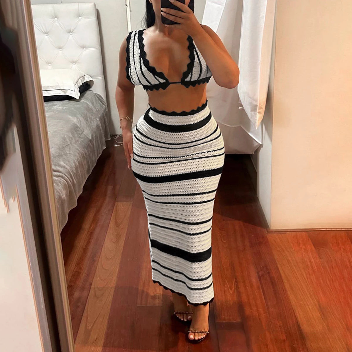 Chic Women 2Pcs Knit Skirt Outfits Stripe Print Crop Tank Tops with High Waist Slim Long Skirt Set Beach Holiday Clothes