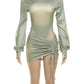 Hooded Tie Dye 2 Piece Set Women Sexy Backless Full Sleeve Bandage Bodysuit+Shirring Skirts Matching Street Clubwear