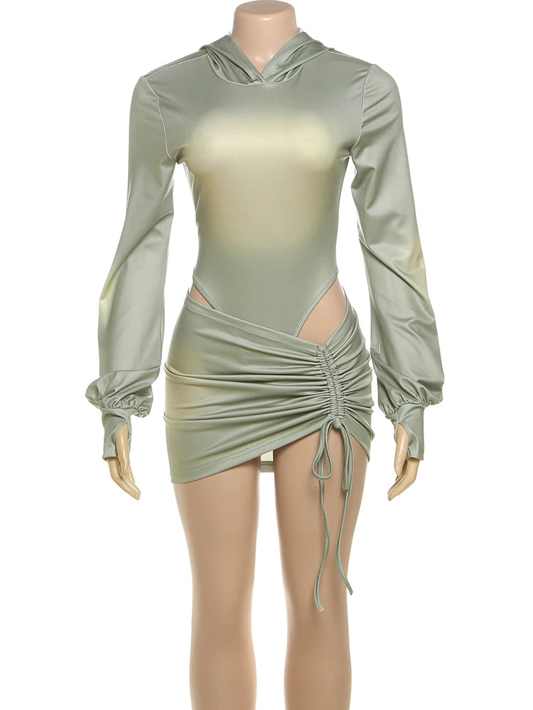 Hooded Tie Dye 2 Piece Set Women Sexy Backless Full Sleeve Bandage Bodysuit+Shirring Skirts Matching Street Clubwear