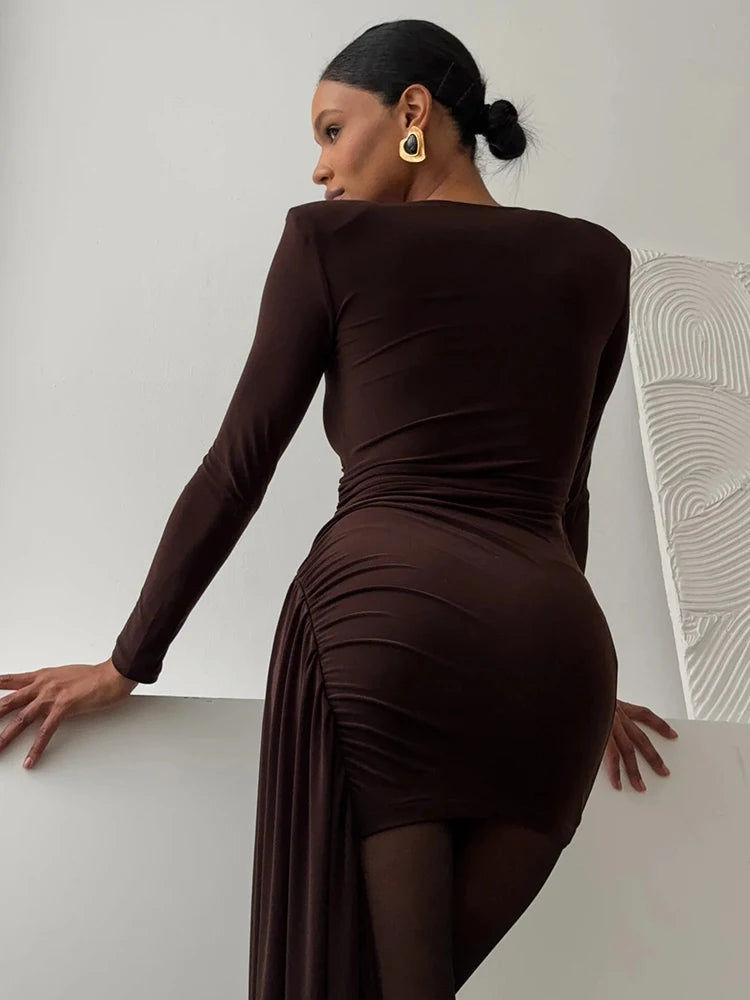 Long Sleeve Draped Ruched Sexy Maxi Dress For Women Gown Fashion Solid O Neck Bodycon Club Elegant Mini Dress Vestido