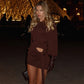 Side Cutout Mini Dress with Sleeves Spring 2026 Women' S Clothes Brown Elegant Short Dresses