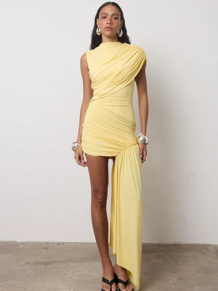 Fashion Ruched Draped Asymmetrical Dresses Sleeveless Mini Bodycon Dress Party Night Elegant Summer