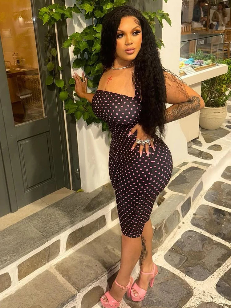 High Street  Skinny Backless Polka Dot Print Playsuit Woman Summer Trend Bandage Halter Peach Hip Hottie Fashion Rompers