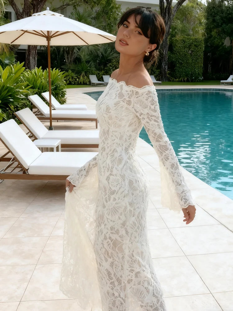 Sexy Jacquard Mesh Dress Women Wave Slash Neck Flare Sleeve Lace Elegant Evening Birthday Prom Party Skinny Bodycon