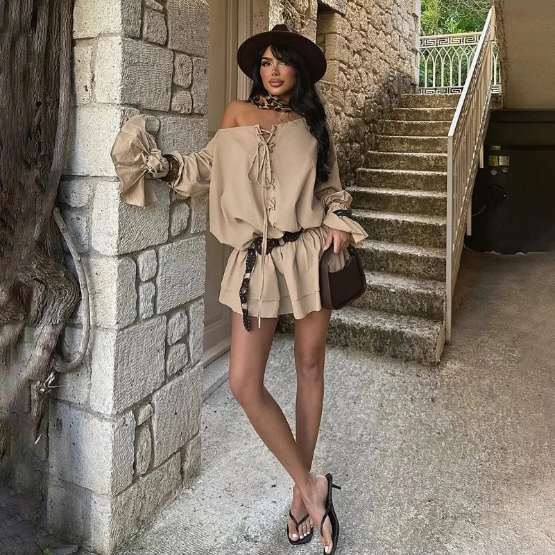 Lace Up Off Shoulder Long Sleeve Mini Dress Boho Loose Dresses for Woman Clothes Fall 2025