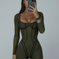 Backless Long Sleeve Sexy Jumpsuit Women Overalls Elegant Square Collar Striped Skinny Sporty Fitness Jumpsuits Ladies