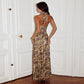 Leopard Print Halter Top and Split Long Skirt Suit Two Piece Set Sexy Outfits Women Club Dress