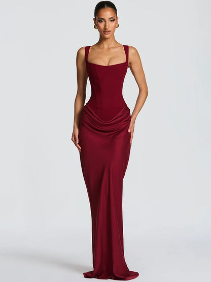 Backless Ruched Sexy Maxi Dress Women Elegant Square Collar Tapered Straps Sleeveless Bodycon Club Party Long Dress