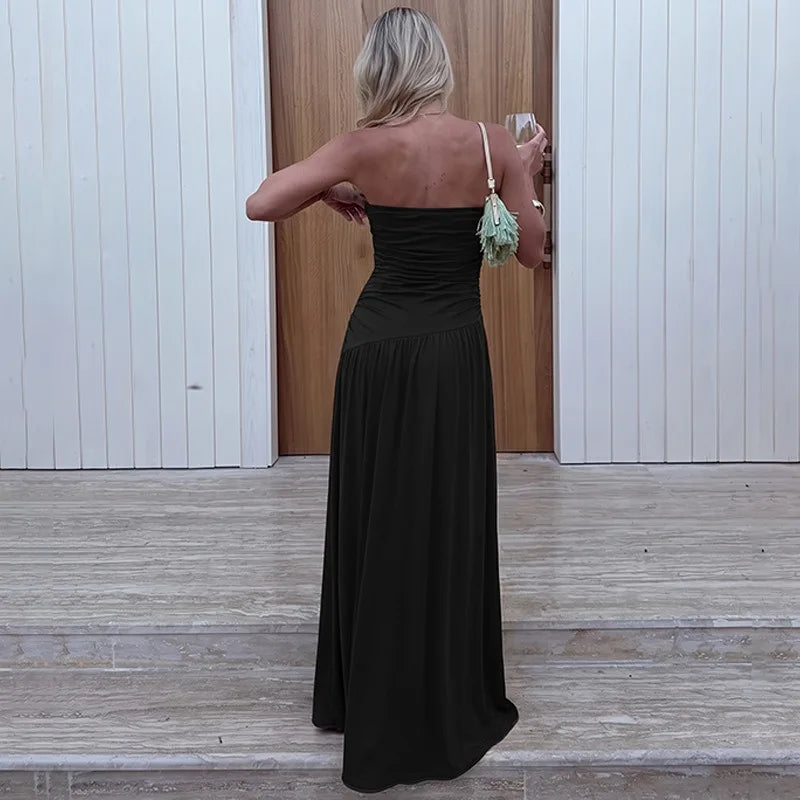 Strapless Ruched Maxi Dress Burgundy Black Outfit Summer Woman Clothing Elegant Dresses Casual
