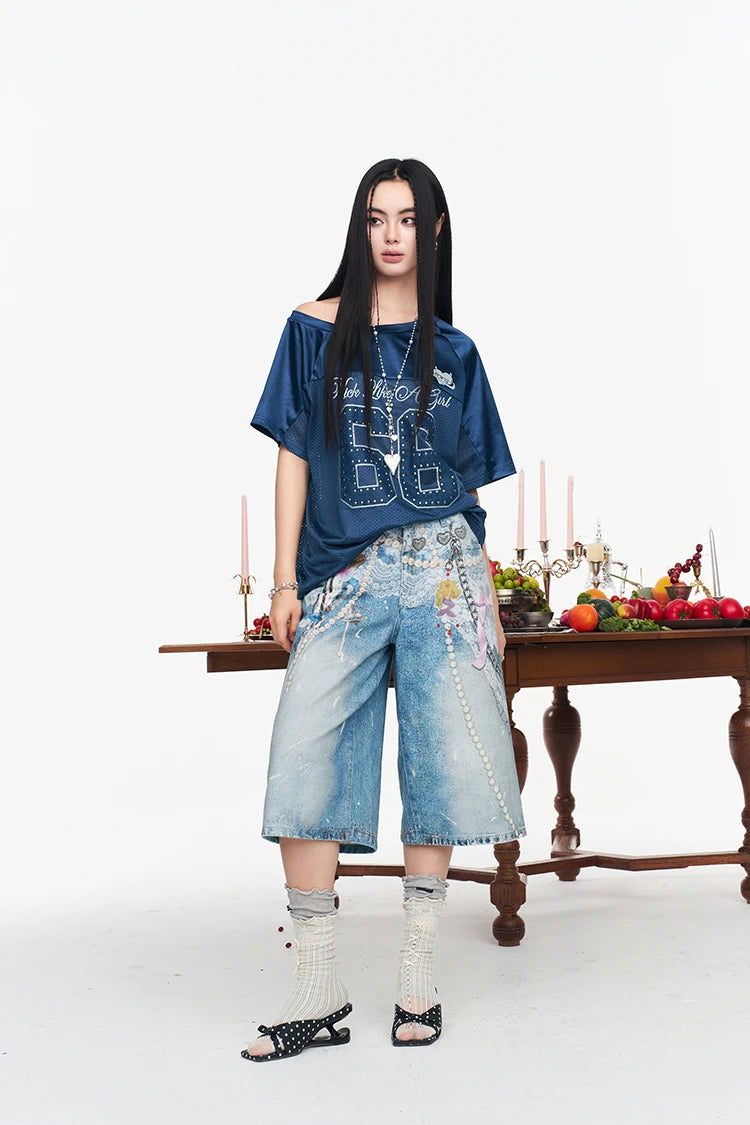 Women's Number Print T-Shirt, Vintage Football Jersey Style Top, Loose Fit Short Sleeve Casual Tee for Summer