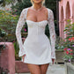 Womens Elegant Lace Patchwork Long Sleeve Mini Dress Y2k Square Neck High Waist Backless Tie Up Slim Fit A-line Dress
