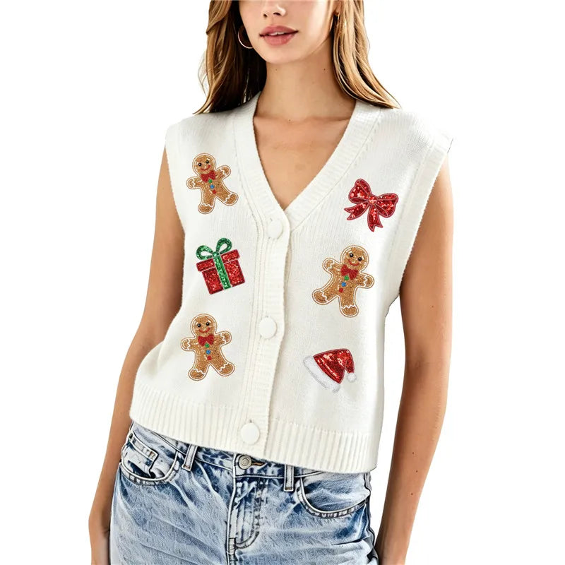 Women Xmas Sleeveless Knit Sweater Vest V Neck Button Down Cropped Waistcoat Sequin Patch Holiday Party Knit Gilet