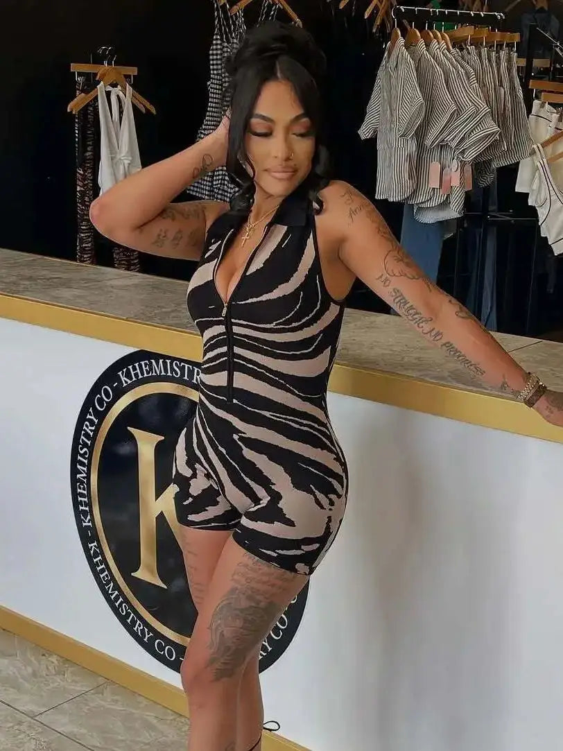 Zip Polo Neck Romper Women Sleeveless Stripe Print Streetwear Midnight Clubwear Sleeveless Skinny Simple Playsuit