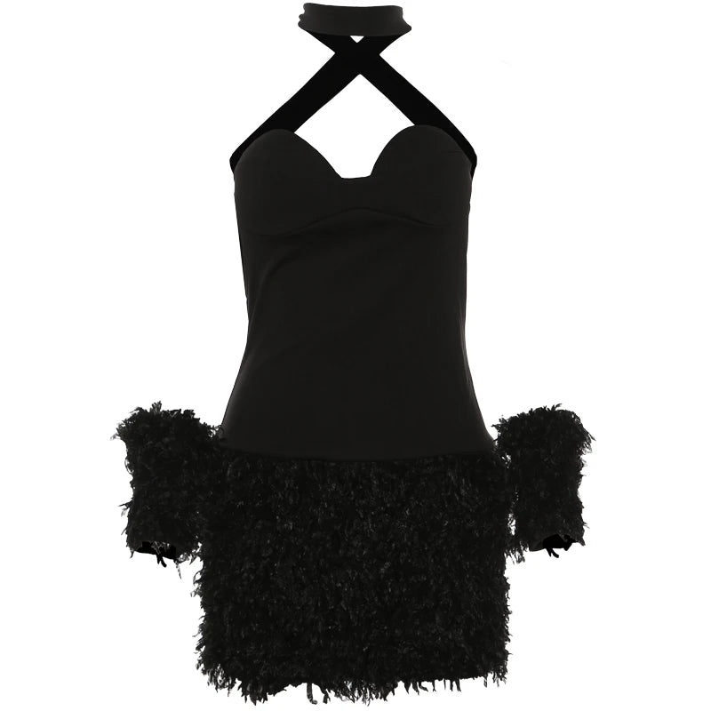 Sexy Party Dress Women Backless Elegant Bracelets Fluff Patchwork Bodycon Birthday Midnight Sexy Party Trend Clubwear