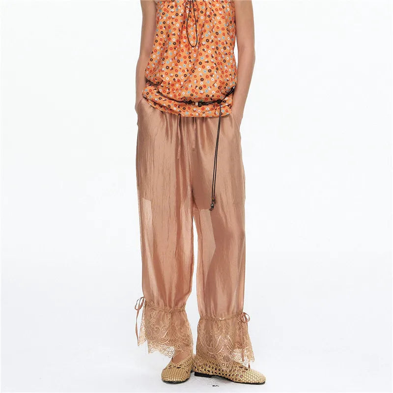 Women Boho Sheer Loose Harem Pants Drawstring Elastic Waist Lace Ruffle Hem Casual Beach Cover Up Trousers With Pockets