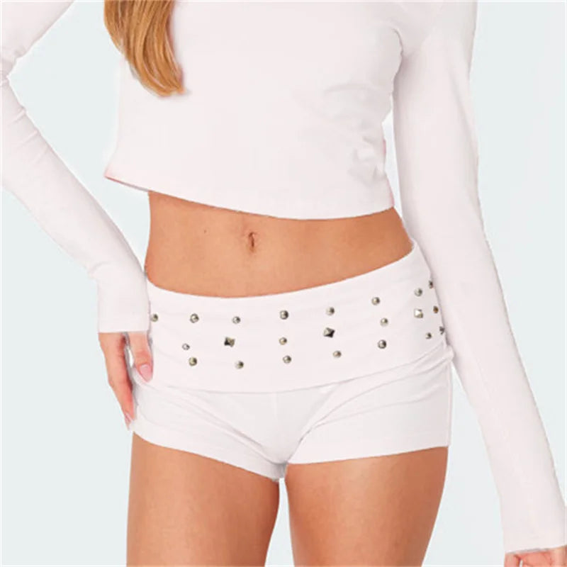 Womens Y2k Grunge Mini Shorts Fold Over Low Rise Studded Rivet Rave Concert Club Punk Goth Micro Bottoms Streetwear
