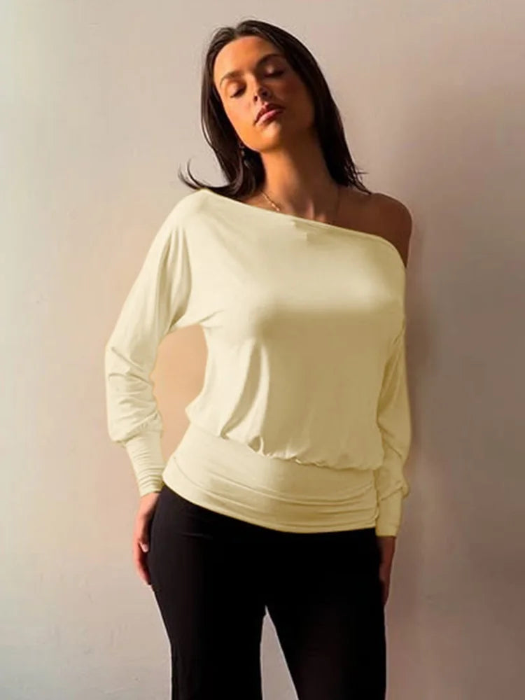 Solid Color Off Shoulder T Shirt Long Sleeve Tops Fashion 2026 Woman Clothes