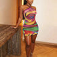 Sexy Backless Mini Dress Woman Colorful Print Lace-Up Halter Off Shoulder Skinny Wrap Hip Midnight Club Party Bodycon