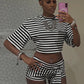 Stripe Print 2 Piece Set Woman o-Neck Half Sleeve Crop Tops+Bandage Taseel Mini Shorts High Street Fashion Outfits