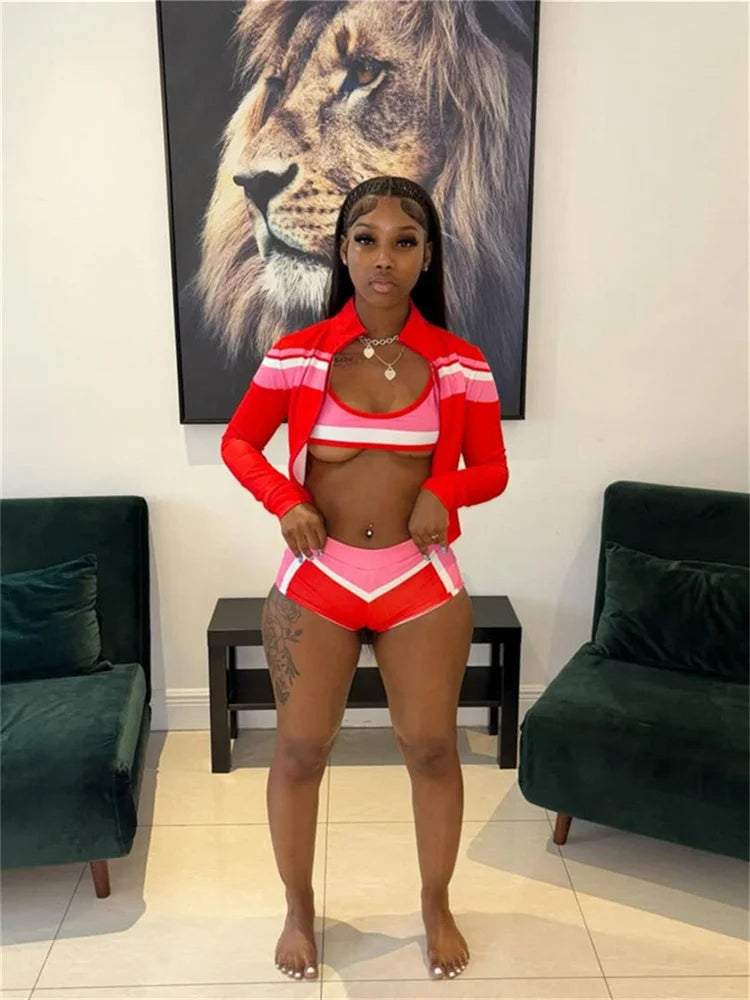 Fashion Patchwork 3 Piece Set Women Cardigan Full Sleeve Jacket+Crop Tops+Skinny Shorts Hot Girls Sexy Bikini Sets