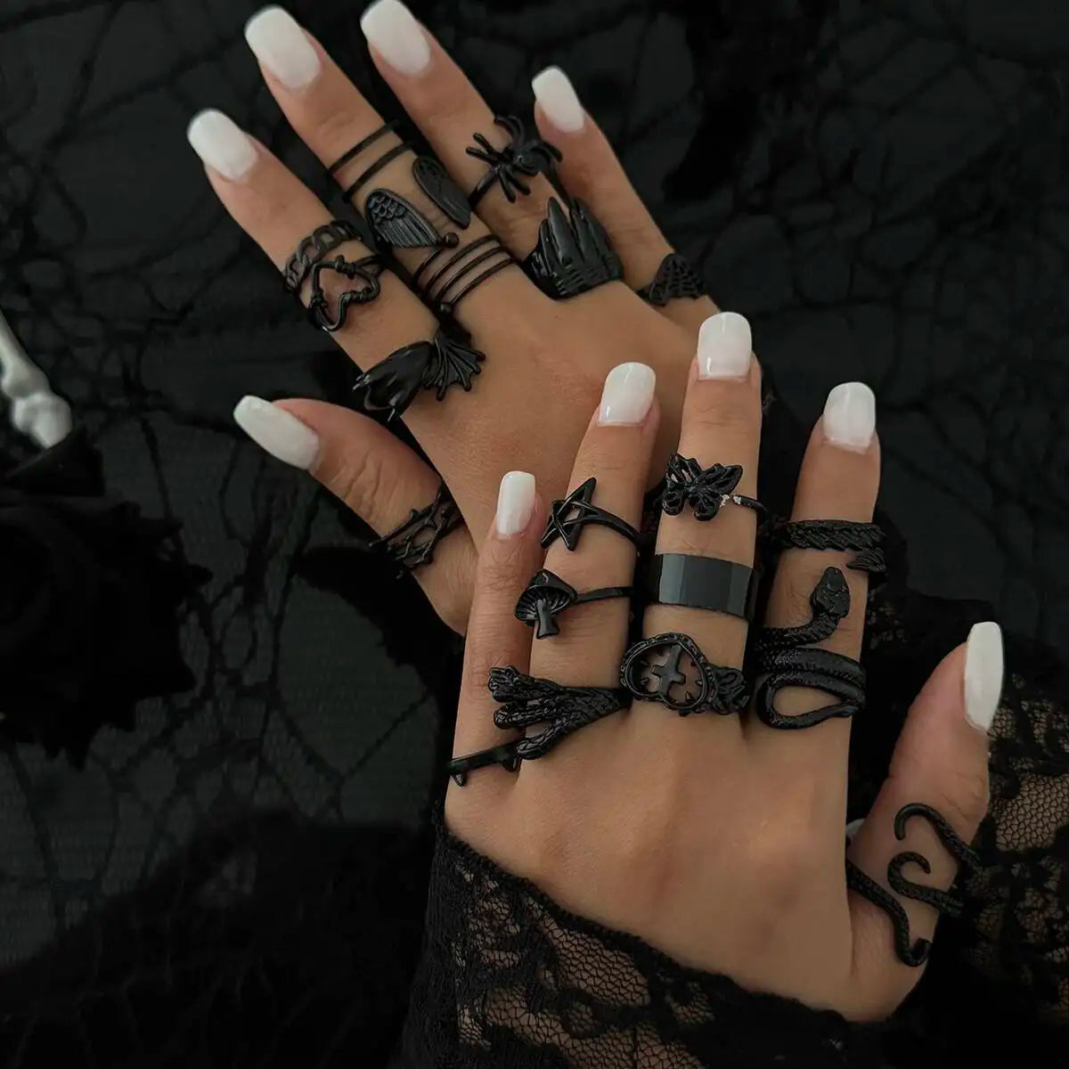 Gothic Black Open Rings Set 20 Pcs Trendy Hollow Star Heart Design with Spider Butterfly & Snake Shapes for Halloween Jewelry