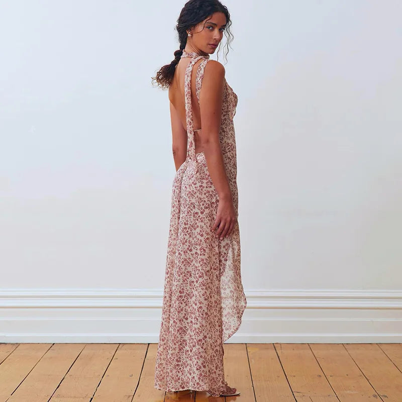 Sexy Asymmetrical Halter Backless Long Dresses Floral Print Chiffon Beach Vacation Summer Dress Womens