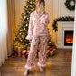 Cute Christmas Women Silky Satin Pajama Set Feather Trim Cuff Long Sleeve Lapel Top Long Pants Xmas Print Sleepwear