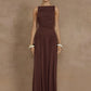 Elegant Sleeveless Maxi Dress For Women Fashion Solid Boat Neck Tank Dresses Ladies Sexy Ruched Long Dress New Gown