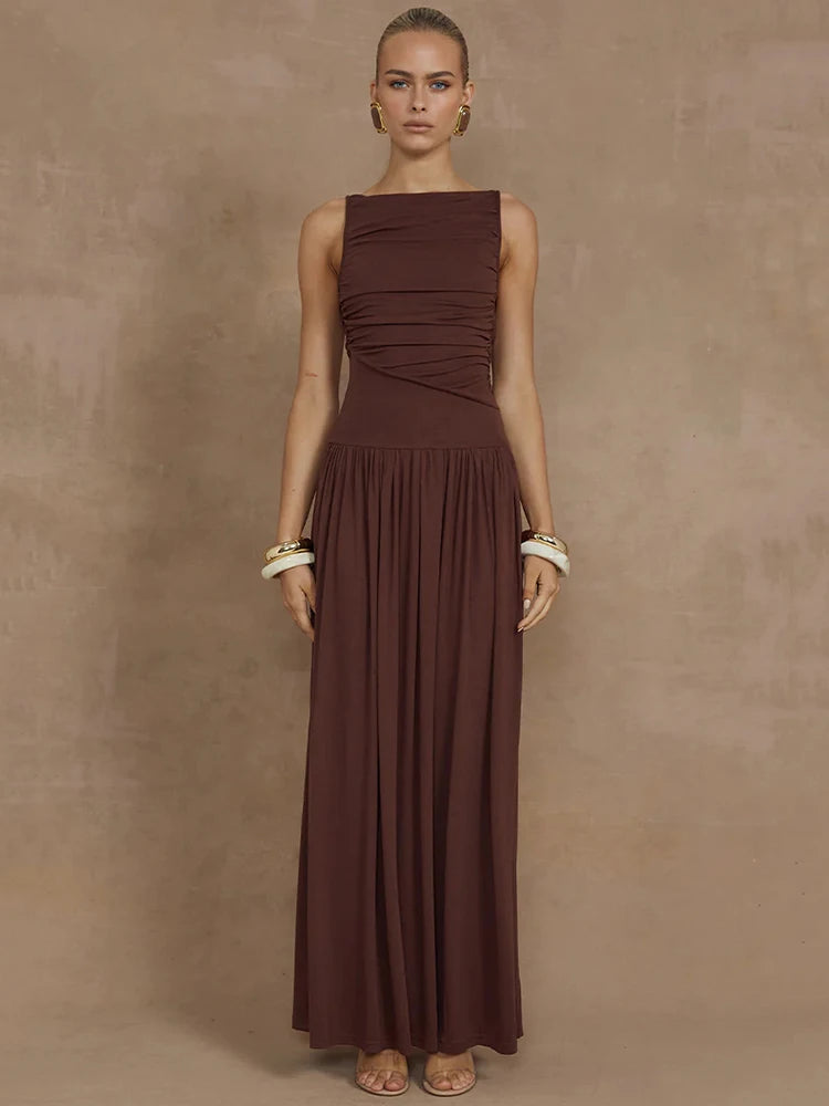 Elegant Sleeveless Maxi Dress For Women Fashion Solid Boat Neck Tank Dresses Ladies Sexy Ruched Long Dress New Gown