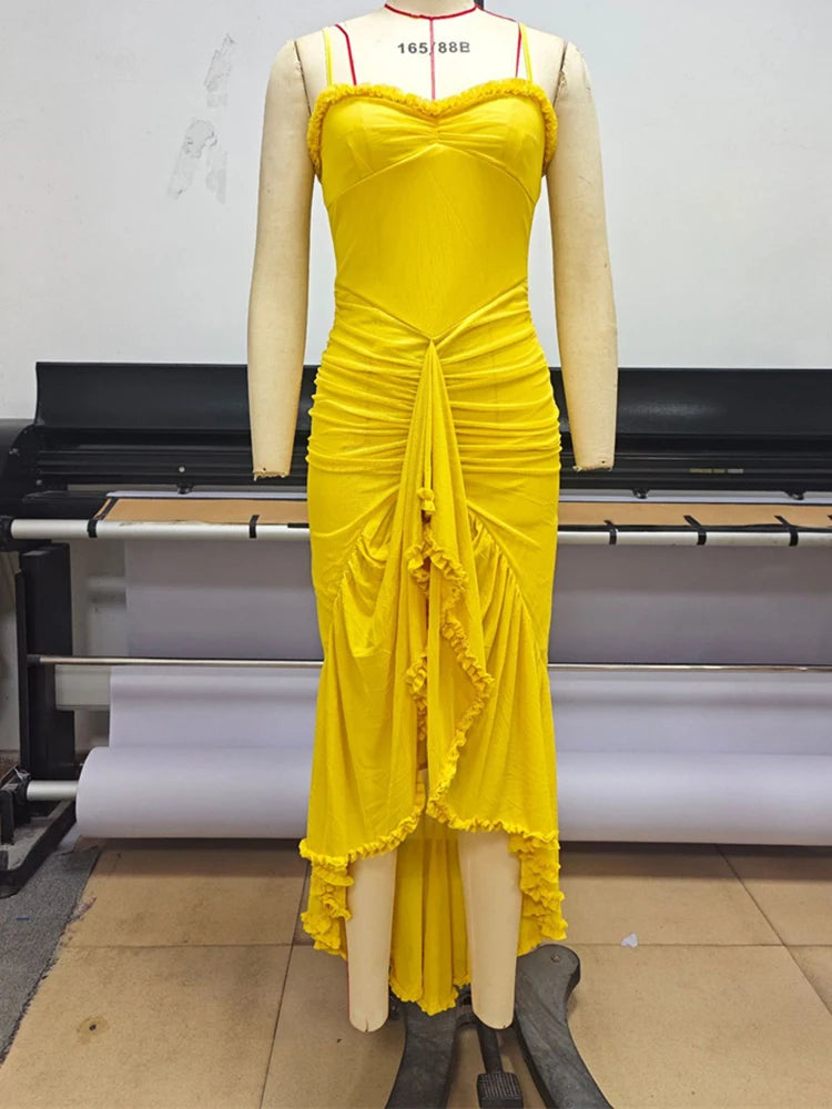 Ruffled Draped Ruched Sexy Maxi Dress For Women Yellow Spaghetti Strap Sleeveless Backless Club Party Sexy Long Dress