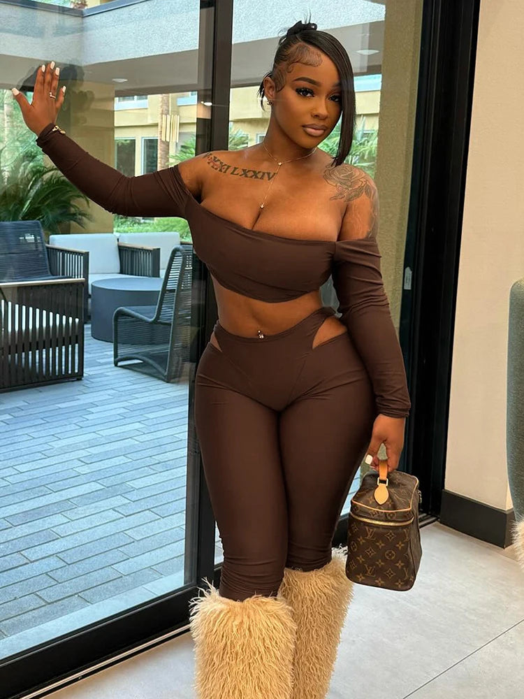 Tight Women 2 Piece Set Slash Neck Crop Tops+High-Waist Hollow Leggings Matching Streetwear Casual Sporty Outfits