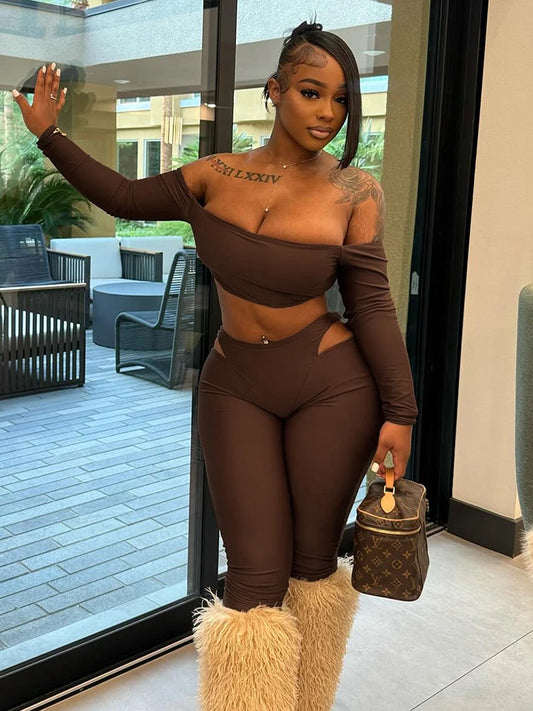 Tight Women 2 Piece Set Slash Neck Crop Tops+High-Waist Hollow Leggings Matching Streetwear Casual Sporty Outfits
