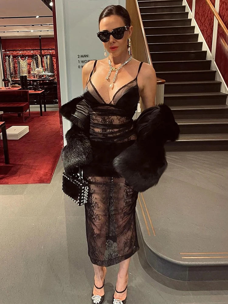 Midnight Backless Dress Woman Mesh Patchwork Lace-Up Halter Sleeveless Robe Club Party Sexy Fashion Coquette Vestidos