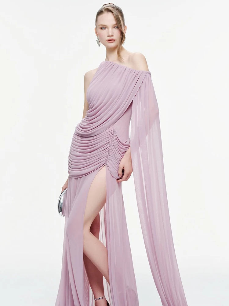 See Through Hem Maxi Dress Women Inclined Shoulder Folds Long Tassel Sleeveless Elegant Vacation Party Chic Vestidos