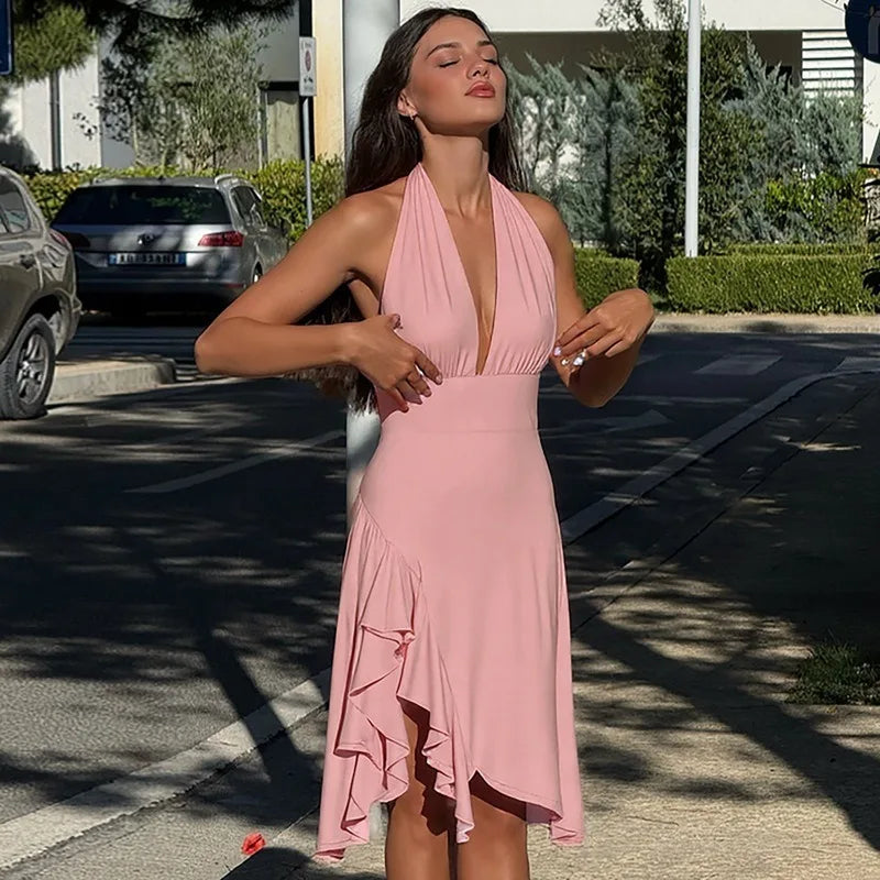 Sexy Deep V Neck Backless Midi Dress Flowy Elegant Pink Dresses 2025 Woman Clothes
