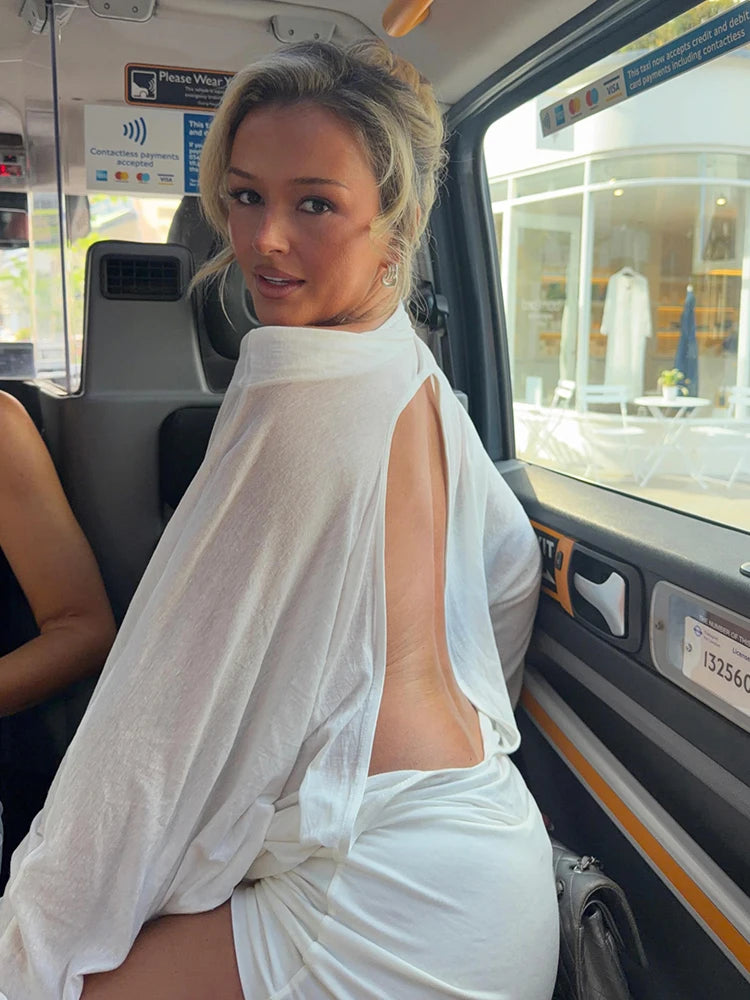Full Sleeve Diagonal Collar Dress Women Backless Solid See Through Autumn New Fashion Simple Classic Chic Mini Bodycon