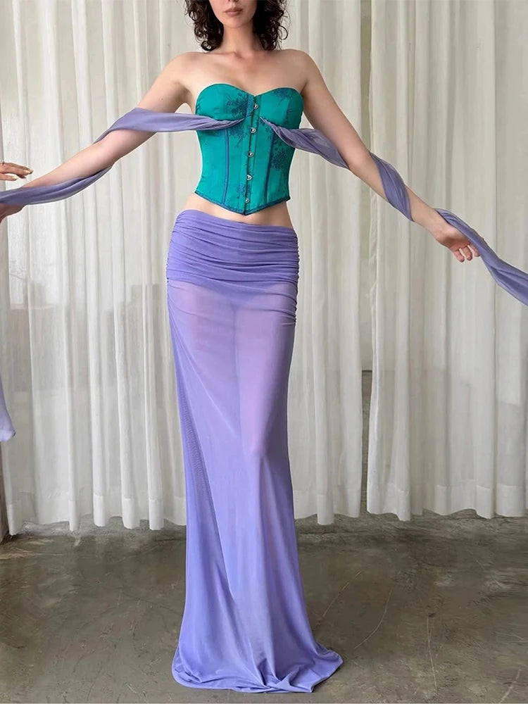 Sweet 2-Piece Set Women Patchwork Tassel Single-Breasted Line Decoration Tank Top+Folds See Through Skirt Chic Suit
