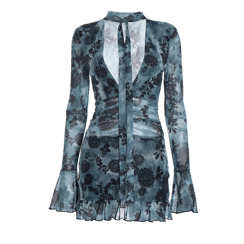 Sheer Floral Mesh Dresses for Woman Tie Up Deep V Neck Long Sleeve Ruffled Mini Dress Sexy Club Outfits