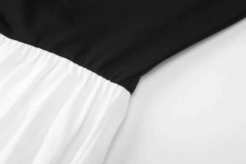 Long Sleeve Maxi Dress with Scarf Elegant Black and White Patchwork Autumn Dresses Woman Clothing 2025