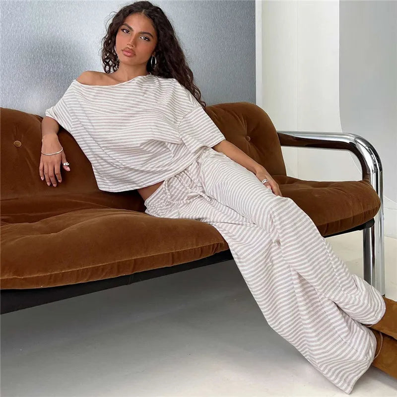 Off Shoulder Striped 2 Piece Outfit Women Loose Short Sleeve Crop Top Drawstring Wide Leg Pants Casual Lounge Pajama Set